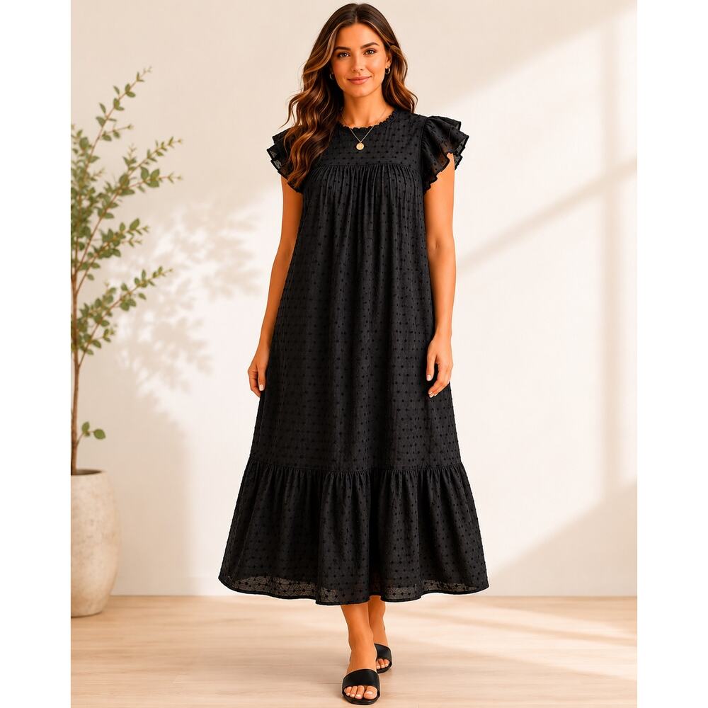 Black Swiss Dot Ruffle Sleeve Tiered Midi Dress Boho Chic Cottagecore Medium
